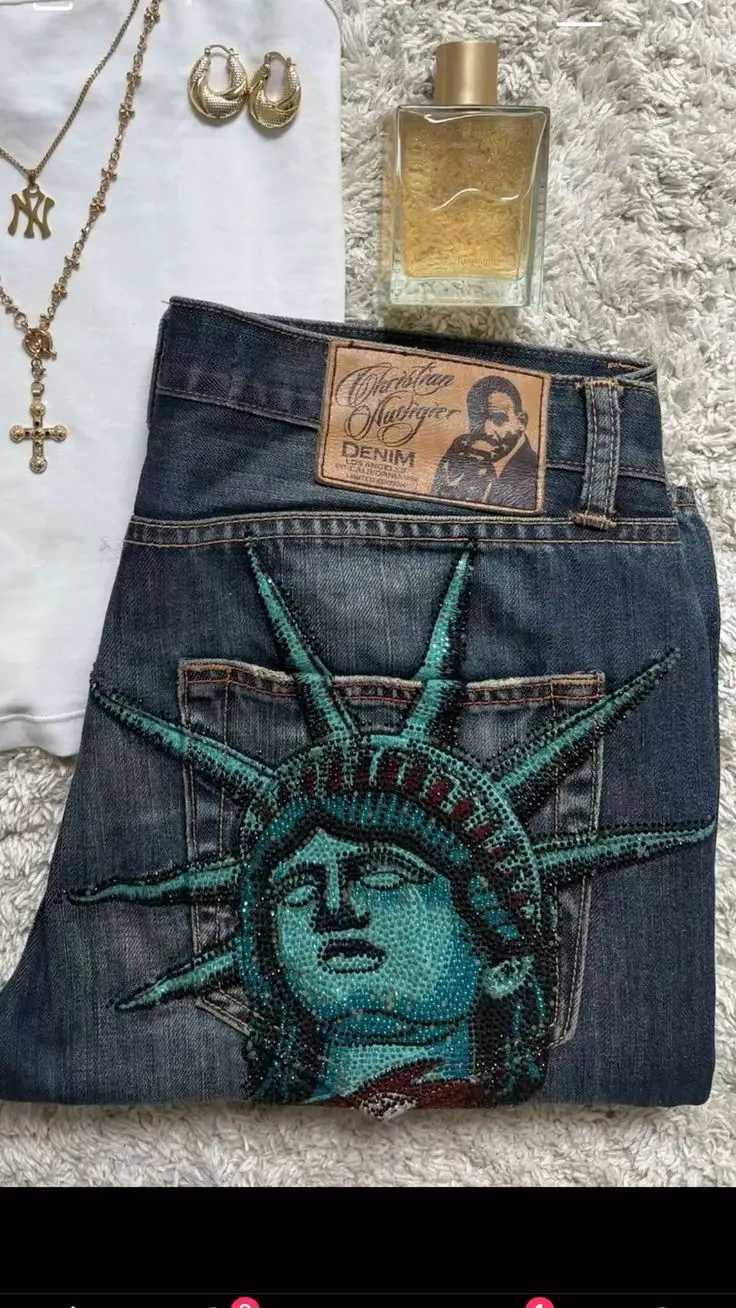 Statue of liberty Diamonds Jeans Y2k 2000s Casual Denim Pants High Waist Straight Wide Leg Jeans Harajuku Vintage Women Clothing S250917