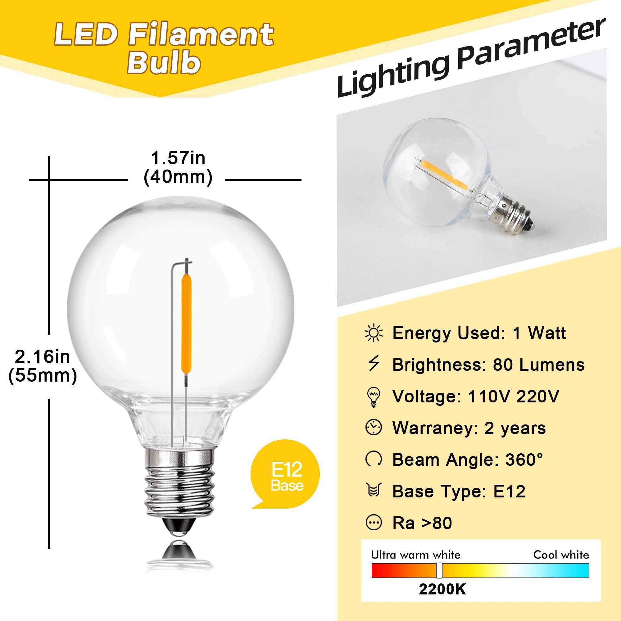 25PCS PET G40 Globe Led Filament Lamp Bulb E12 Base 110V 220V 2200K Dimmable String Light Replacement Shatterproof Plastic Bulb C250917