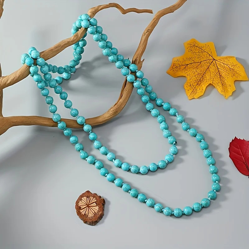 Bohemia Turquoise Long Necklace Simple Beaded Neck Chain Stylish Ladies Jewelry Accessories 250916