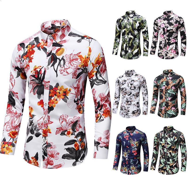 Plus Size Mens Shirt Autumn New Mens Fashion Printed Long Sleeve Shirt Fashion TurnDown Collar Cardigan Shirt 210410