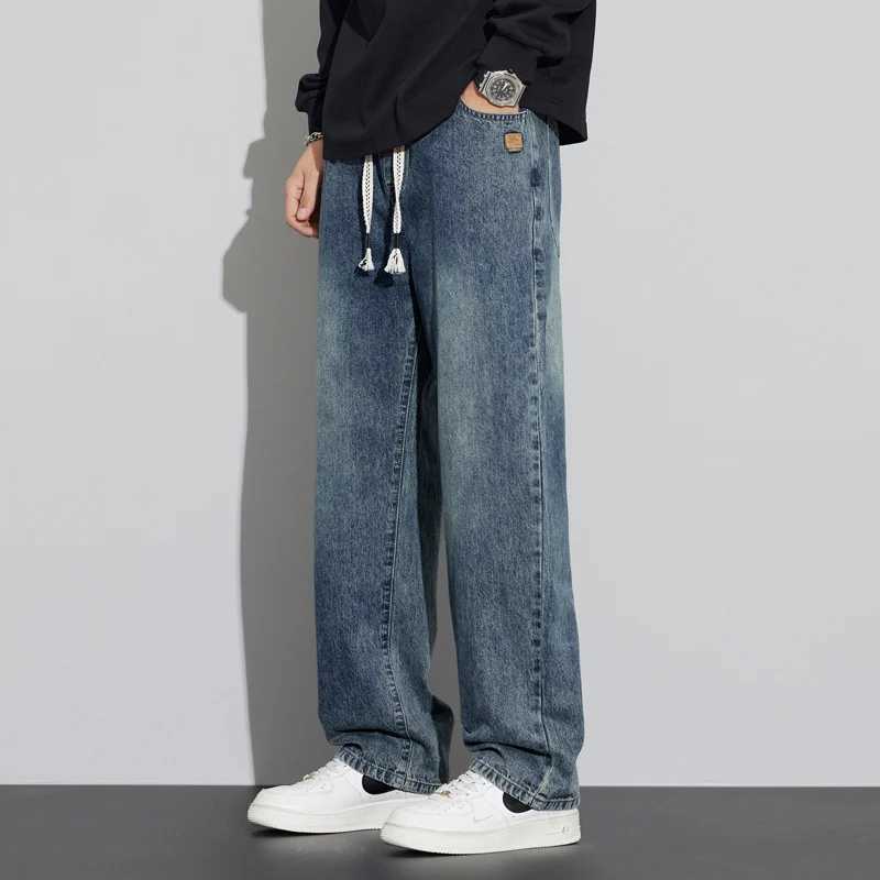 Mens regular fit straight leg jeans casual drawstring elastic waist denim pants lightweight carpenter JeanZ250917