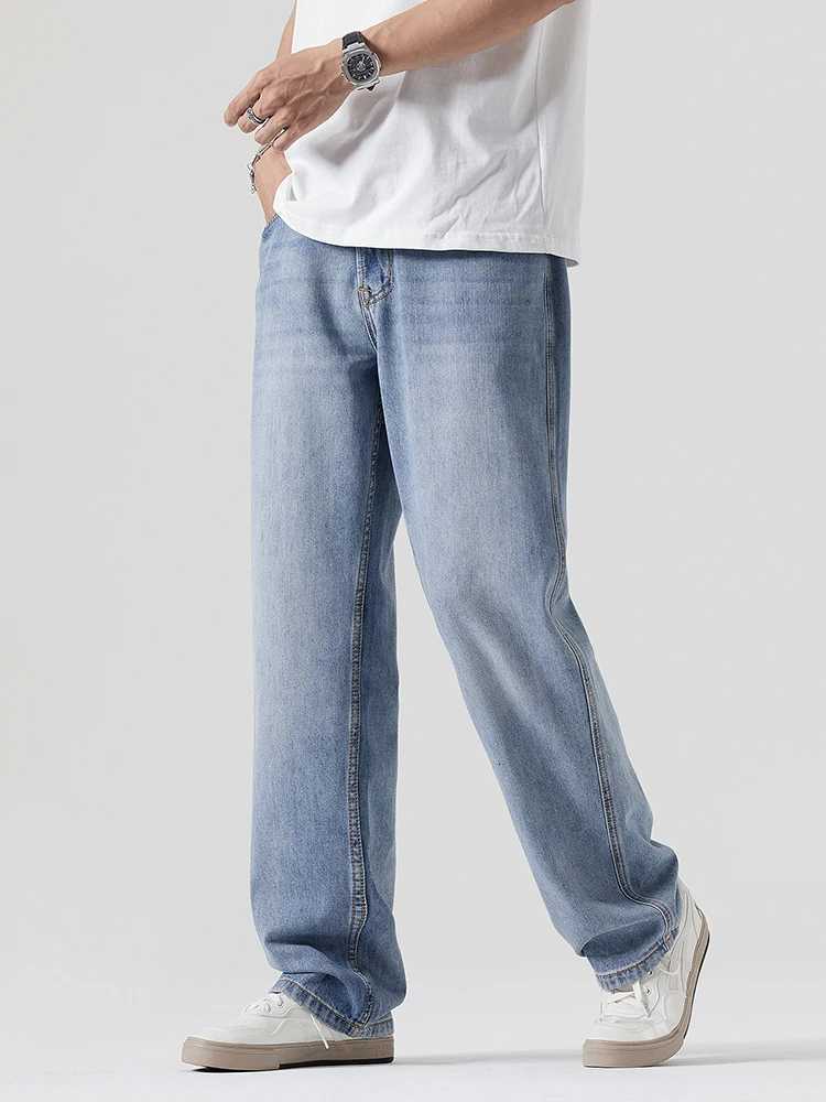 Korean Fashion Mens Casual Baggy Jeans Comfortable Straight Denim Wide Pants Male Solid Color Trousers StreetwearZ250917