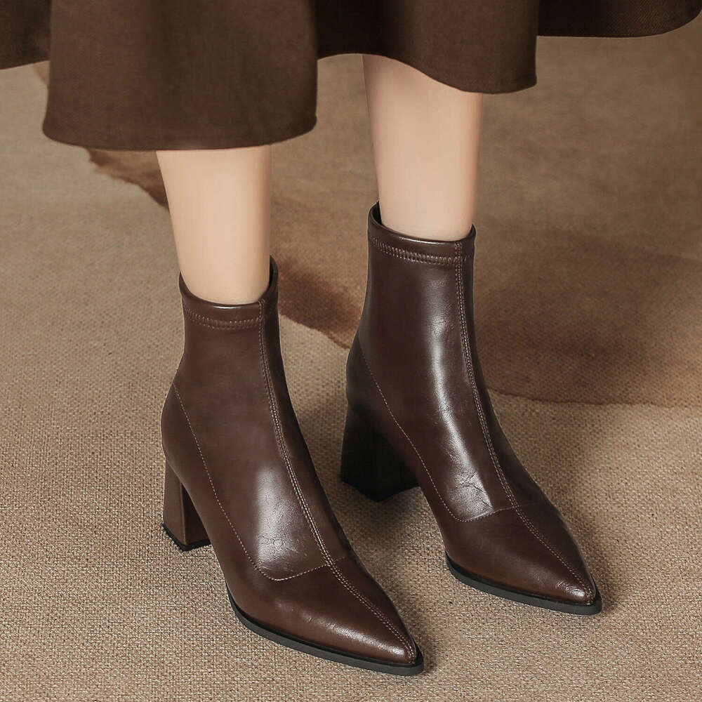 Autumn Winter Chunky Heel Mid-Calf Slim Boots Women, Slimming Back Zipper Black Pointed Toe Low-Cut Leather Boots, High Heels for Women