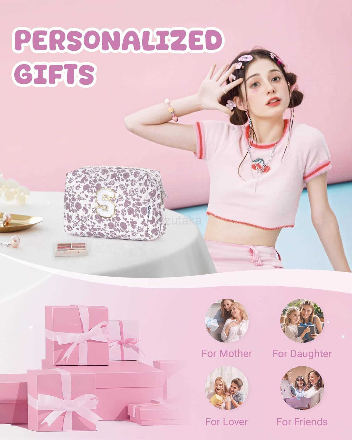 Narwey Birthday Gifts for Teen Girls Kids Women Personalized Initial Floral Makeup Bag Cute Cosmetic Trendy Stuff 6 8 10 11 12 13 14 16 18 Years Old T