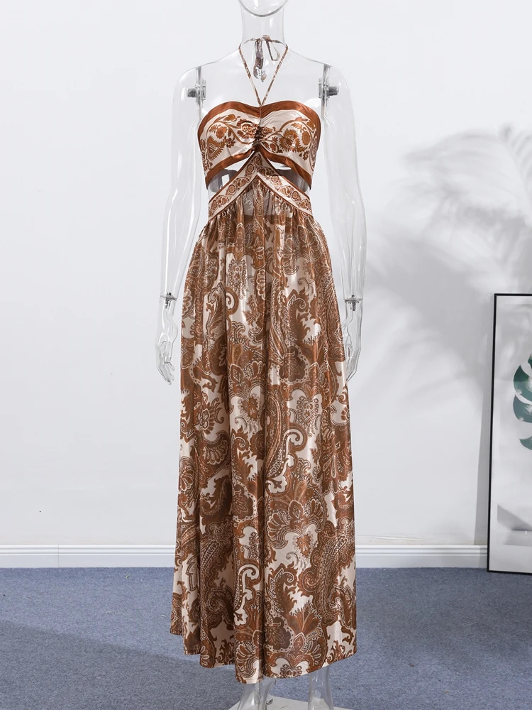 Elegant Floral Printed Strapless Maxi Dress For Women Sexy Hollow Out Waist Backless Long Dresses Lady Beach Evening Party Robes 250917