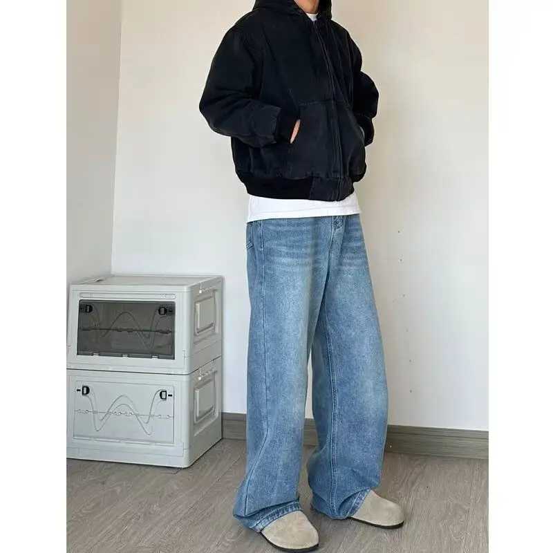 Mens Baggy Jeans Y2k Straight Leg Mid Waisted Solid Streetwear Loose Fit Vintage Hip Hop Denim PantsZ250917