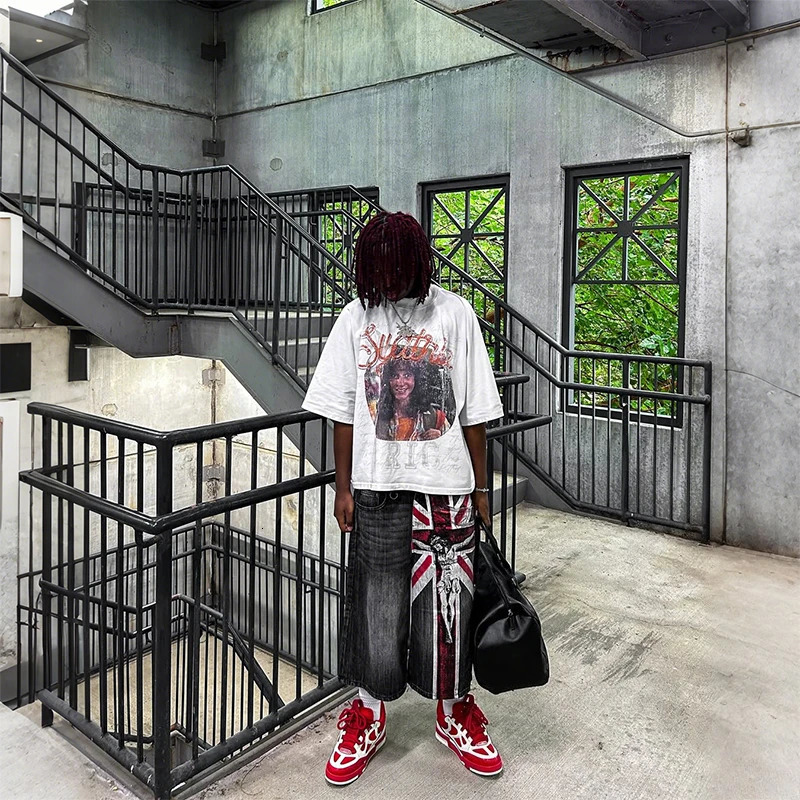 Y2K Vintage Washed Jeans Fashion British Flag Pattern Printing Casual Loose Denim Shorts Gothic Men Women Punk Rock Streetwear 250917