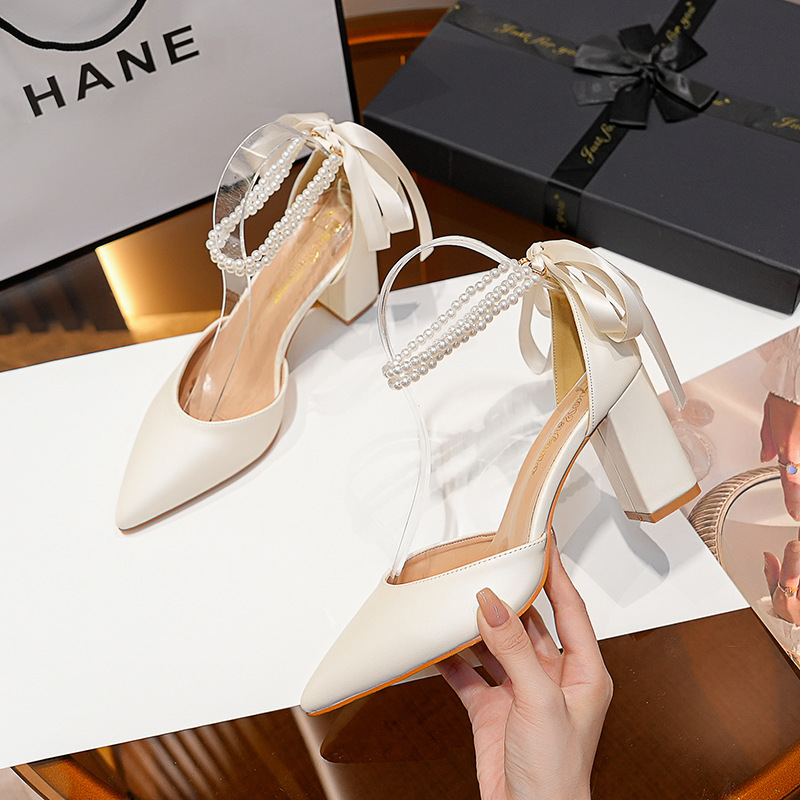 Premium Sandals Women's Wedding Shoes 2025 New Pearl Ribbon Decor Pointed Toe Chunky Heel White Bridal Shoes, Plus Size European Luxury Style