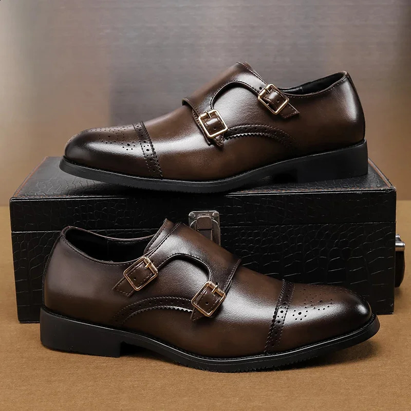 Mens Black Low Top Leather Shoes Classic Double Buckle Fashionable Business Banquet Party Brown Pointed Leather Shoes 250916