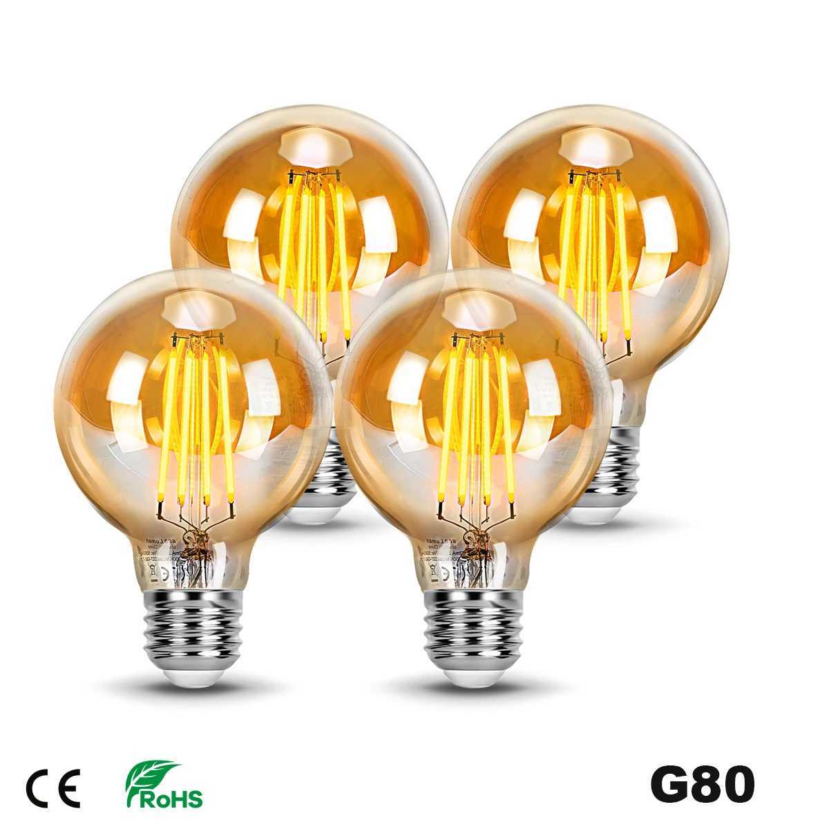 4PCS G80 Filament Light Bulb 4W 8W LED E27 220V Warm white 2700K Edison Light Bulb Light Amber Retro Decorative light Bulb C250917