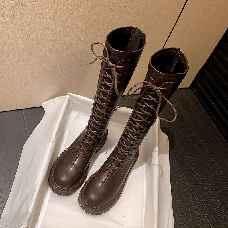 Genuine Leather Martin Riding British Style Height Increasing Long Lace-Up Round Toe Thick-Soled Women's Boots