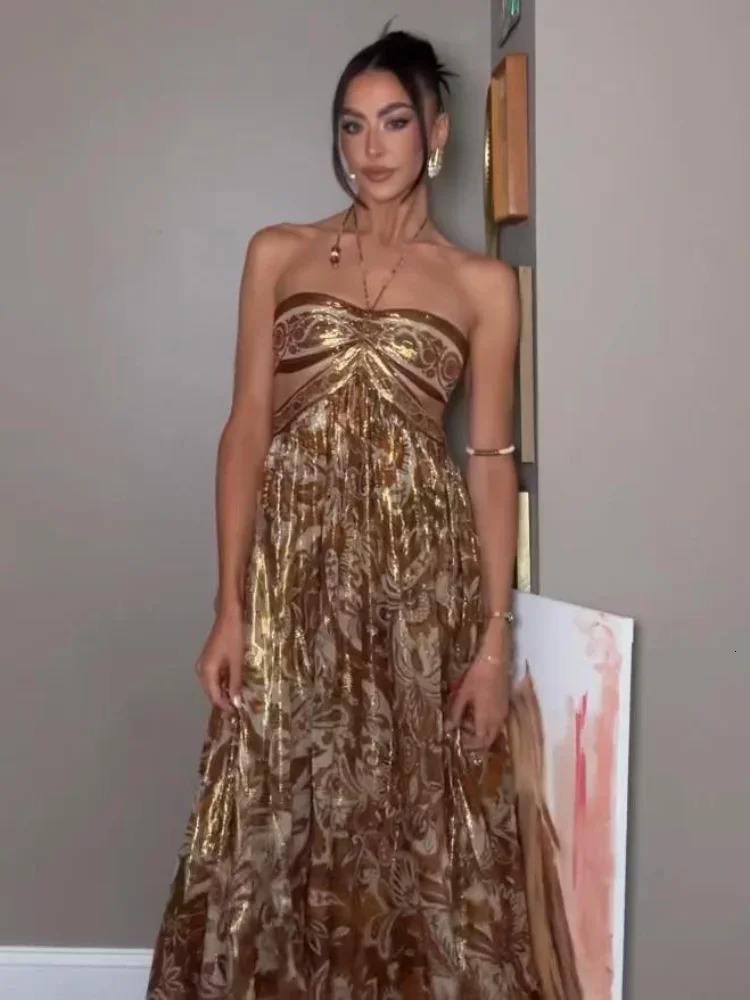 Elegant Floral Printed Strapless Maxi Dress For Women Sexy Hollow Out Waist Backless Long Dresses Lady Beach Evening Party Robes 250917