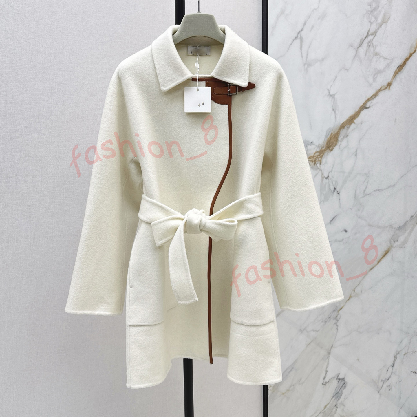 Women's Wool Coats Blends designer Outerwear 2025 New Big Collar Cashmere Coat Splicing sheepskin buckle design Wool Coat Long Tie up Cardigan woolen jacket