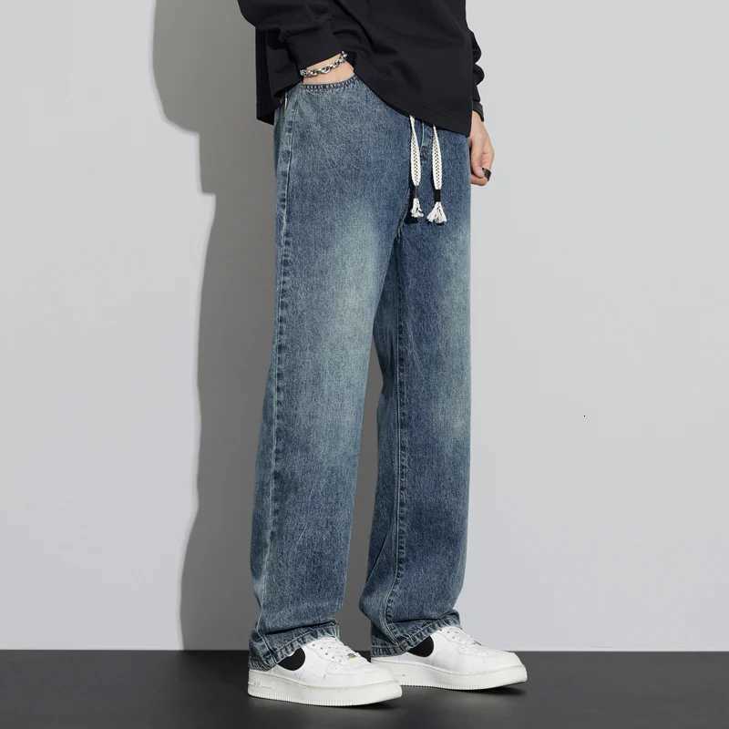 Mens regular fit straight leg jeans casual drawstring elastic waist denim pants lightweight carpenter JeanZ250917