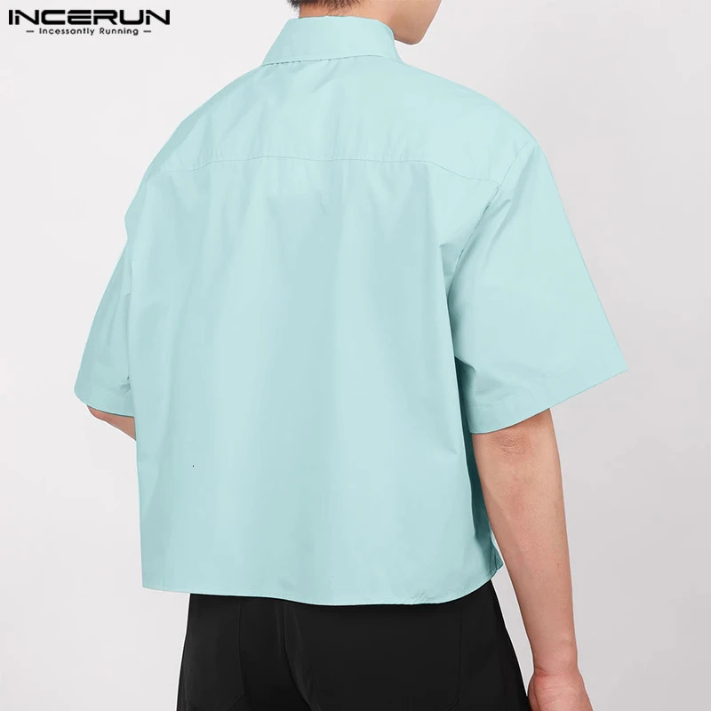 INCERUN Mens Shirts Solid Color Lapel Short Sleeve Pockets Button Male Crop Tops Streetwear Summer Loose Fashion Men Clothing 250917