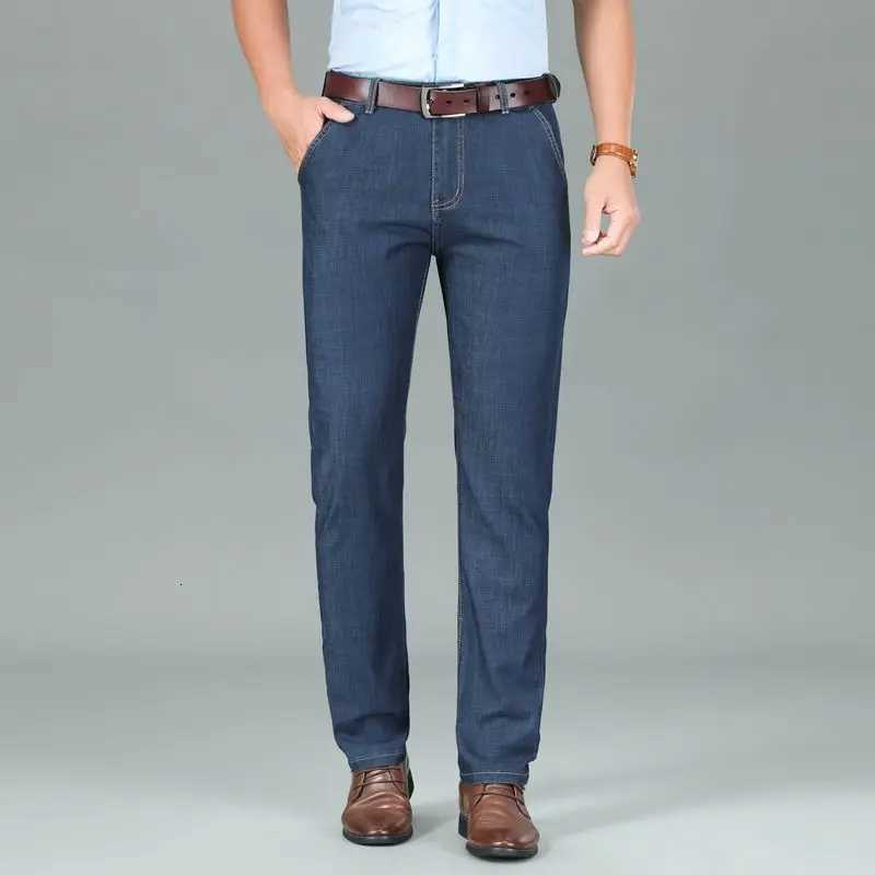 Autumn and Winter Seasons Lightweight Fit Straight Mens Jeans Classic Business Clothes Thin Cotton Elastic High Waist CasualZ250917