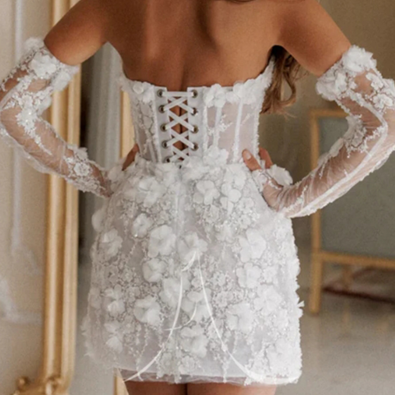 Luxury Beaded Short Wedding Dresses Saudi Arabia Lace Floral Appliques Long Sleeves Bridal Gown Mini Party Dress Robe De Mariee Customized