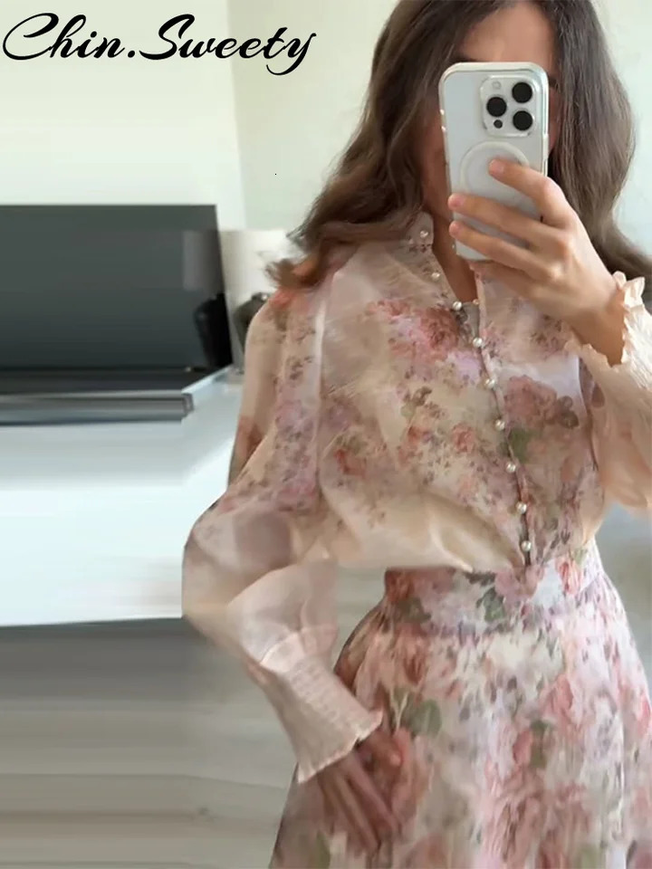 Womens Flower Printed Shirts Skirts Suit Casual Long Sleeve Button Shirt Pleated Zippers Autumn Lady Outfit 250917