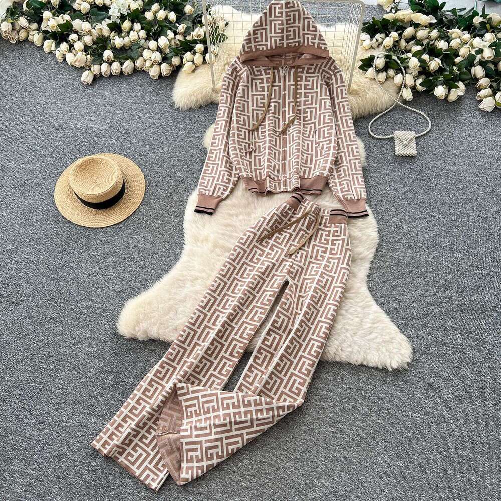 Luxury Design Winter Knitted Two Pieces Suits Women Thick Warm Zipper Hooded+Wide Legs Pants Fashion Geometric Print Sweater Sets High-end