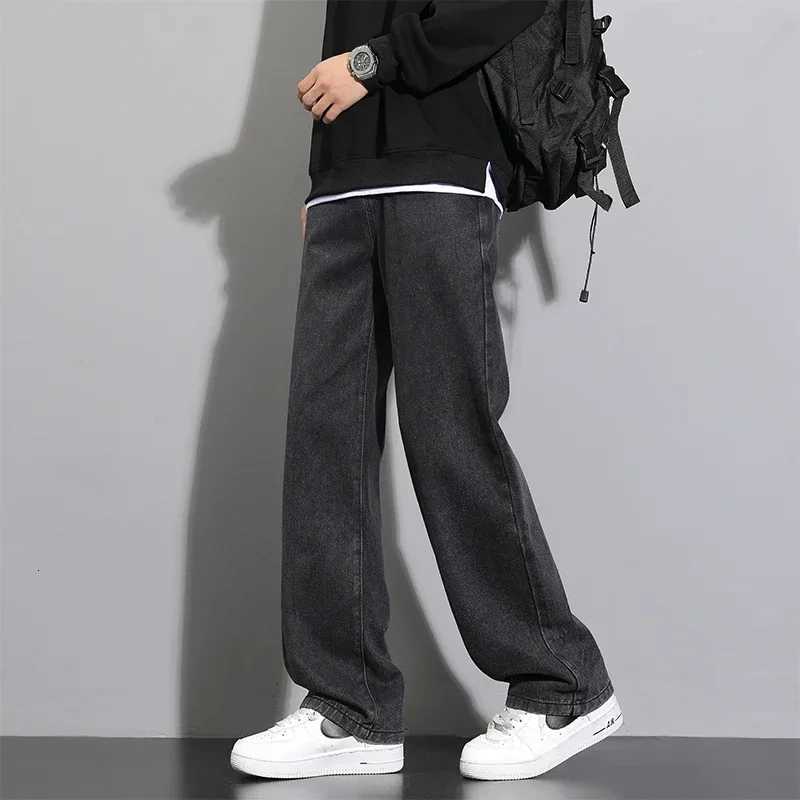 2025 New Korean Men Casual Long Straight Jeans Wide Leg Denim Pants Solid Color Light Blue Grey BlackZ250917