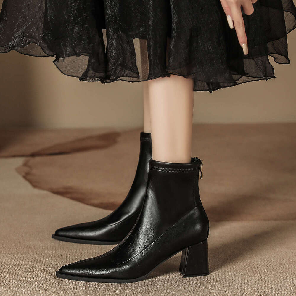 Autumn Winter Chunky Heel Mid-Calf Slim Boots Women, Slimming Back Zipper Black Pointed Toe Low-Cut Leather Boots, High Heels for Women