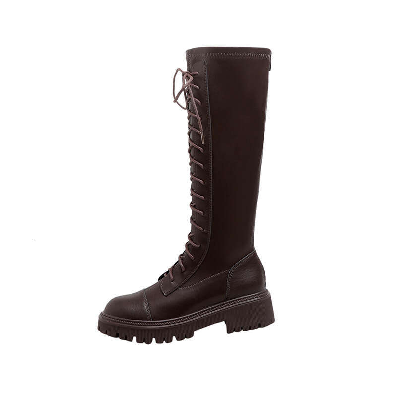 Genuine Leather Martin Riding British Style Height Increasing Long Lace-Up Round Toe Thick-Soled Women's Boots