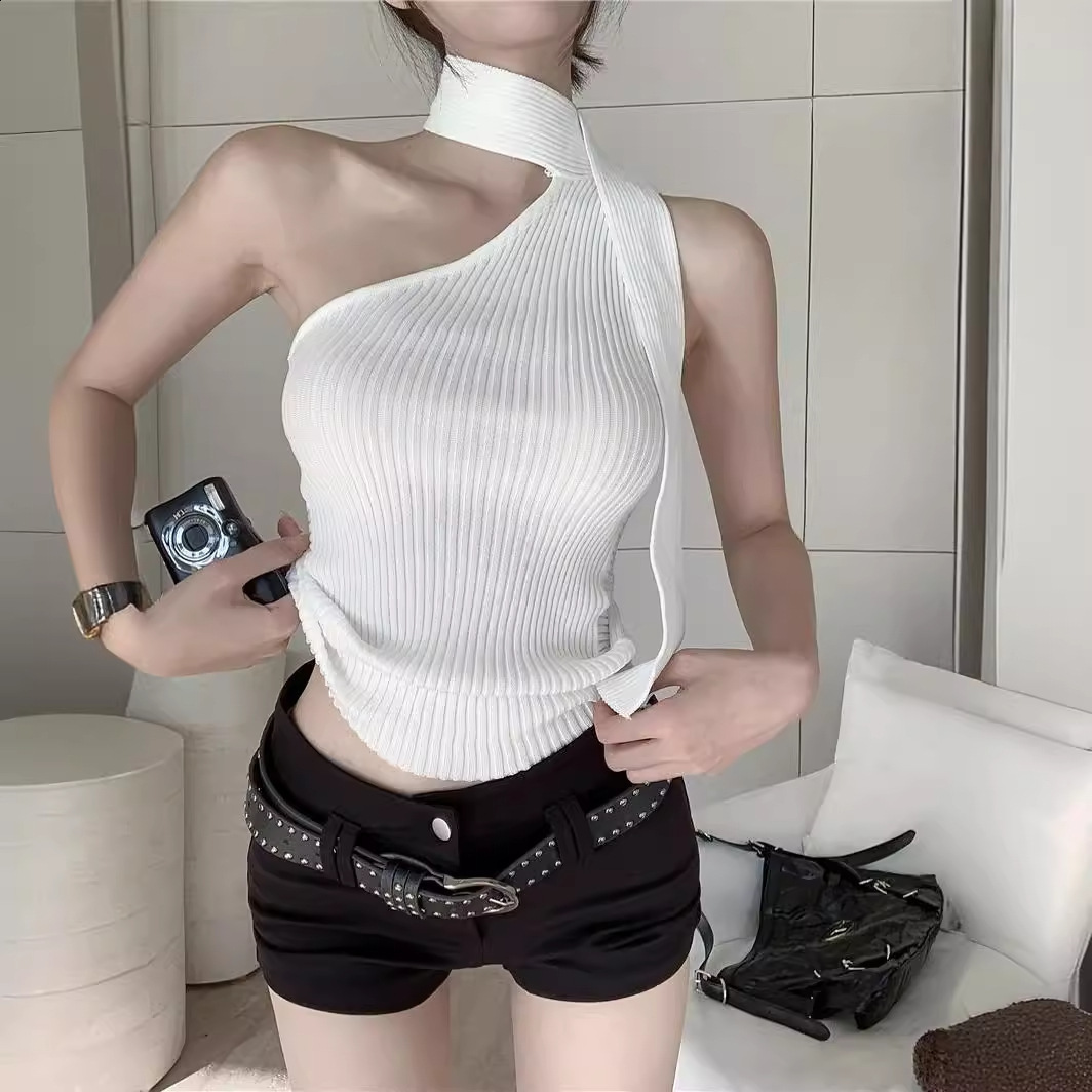 Summer Hot Girl Asymmetrical Neck Knitted Camisole Slim Fit Short Fashionable Outerwear OffShoulder Sexy Sleeveless Top 250730