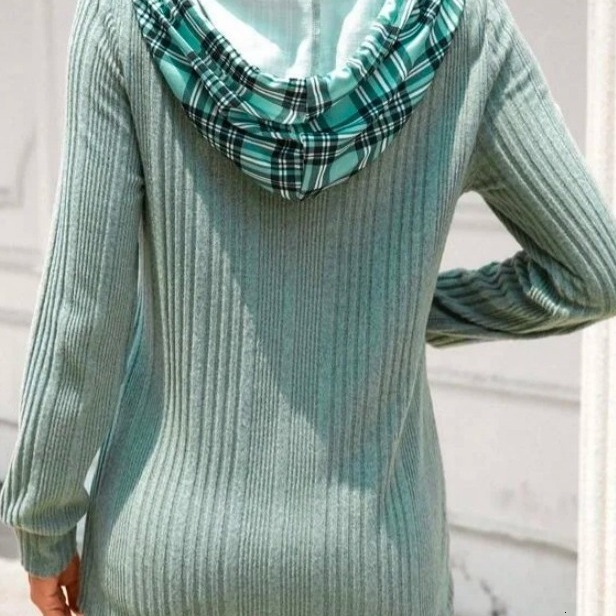 Women Casual Hoodie Sweatshirt Pullover Long Sleeve Drawstring HoodieWomens Colorblock Plaid Print 240813