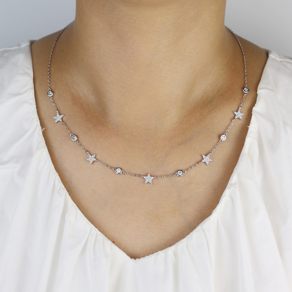 New 100% 925 Sterling Silver Necklace Geometric Star Choker Chain For Women Girl Fine Cute Jewelry Accessories
