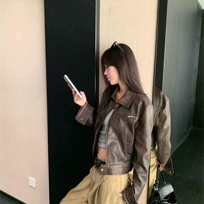 Cibbar brown leather trimmed jacket y2k retro pocket patch work zipper full set PU jacket 2000s streetwear womens retro jacket 241126