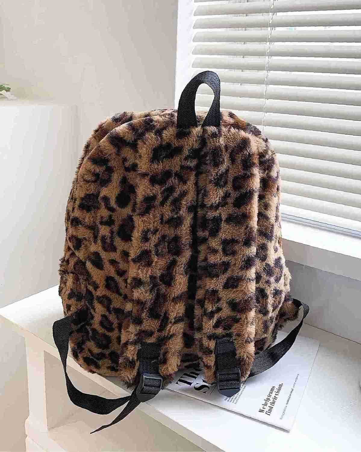 fluffy cheetah print backpack cute y2k animal fur 14 inch scene book bag for women fashion simple personal item aesthetic girls bag Z259017