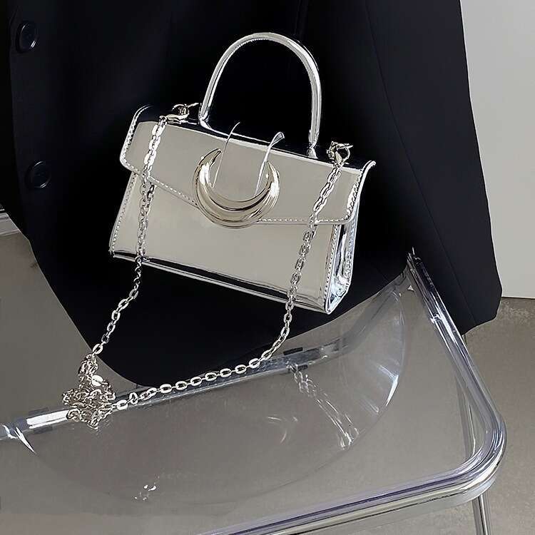 2025 New High-End Designer Bag - Women's Silver Square Patent Leather Handbag with Moon Lock, Chain Shoulder & Crossbody Style