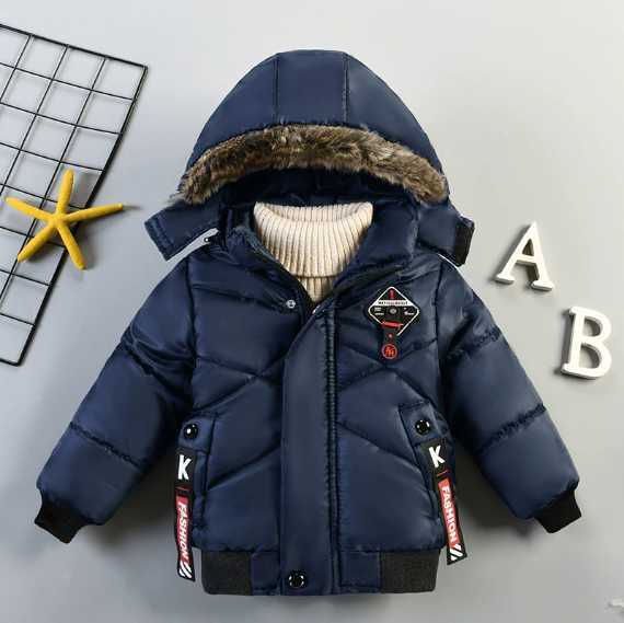 Down Coat Kids New winter children's cotton-padded jacket for infants and toddlers: Stylish long-sleeved, warm, with a woolen collar and a hood Q