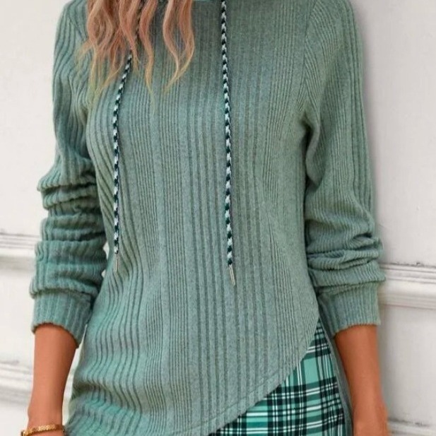 Women Casual Hoodie Sweatshirt Pullover Long Sleeve Drawstring HoodieWomens Colorblock Plaid Print 240813