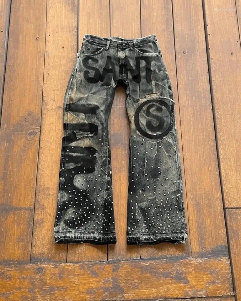 Men's Jeans Street Style Vintage Letter Print Men And Women Distressed Loose Fit With S Pattern Rhinestones Y2K Harajuku