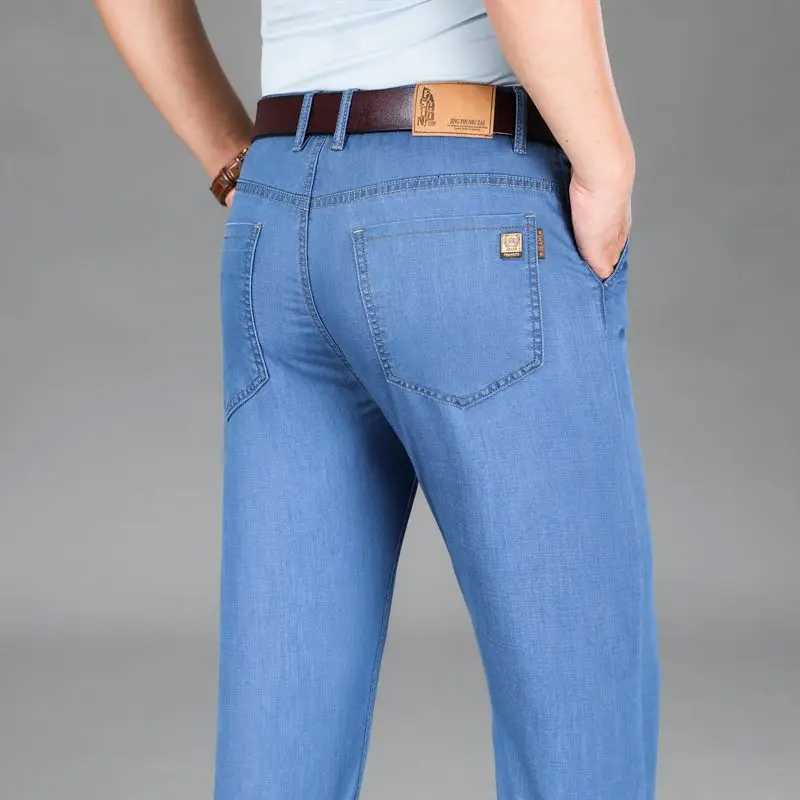 Autumn and Winter Seasons Lightweight Fit Straight Mens Jeans Classic Business Clothes Thin Cotton Elastic High Waist CasualZ250917