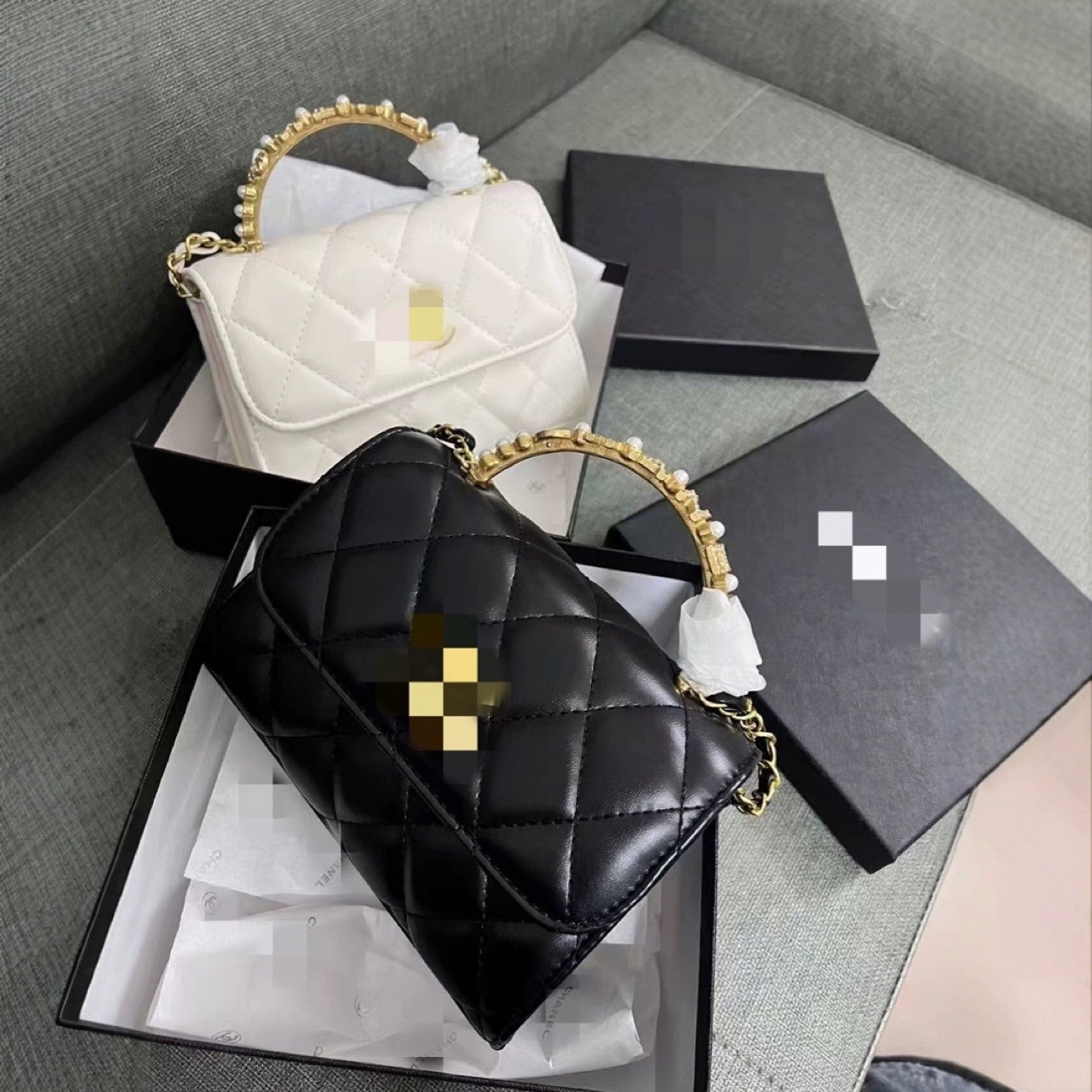 Women's handbags, pearl-handle mini square bag, chain-strap crossbody bag, makeup bag