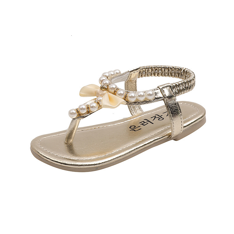 Summer Casual Children Pearl Sandals Kids Girls Beaded Bow Princess Flats Student Nonslip Baby Flipflops Beach Shoes 220607