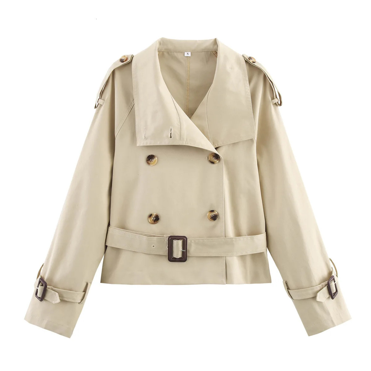 Autumn Khaki Double Breasted Shorts Trench Coat with Belt Elegant Stand Collar Loose Jacket Female Windbreaker Outwears 250917