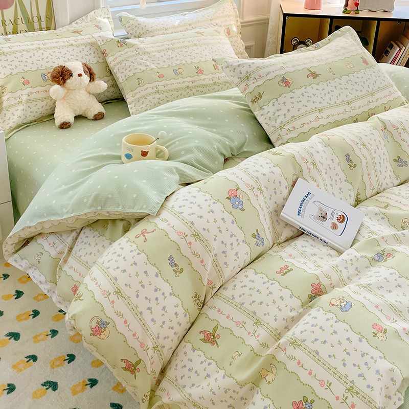 Pure Thickened Brushed Bedding Skin-Friendly Twill Dormitory Three-Piece Set, Washed Cotton Bed Sheet and Quilt Cover