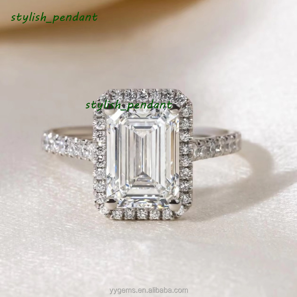 Yu Ying High Quality White Diamond 4CT Emerald Cut With Halo 18K Solid Gold Proposal Engagement Wedding Ring Women