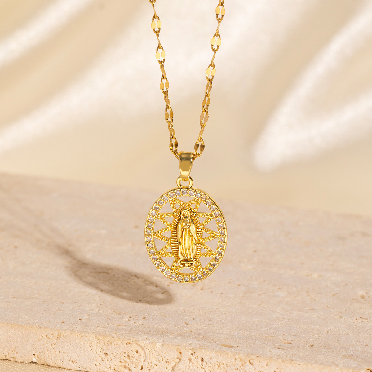 Gold - Toned Round Pendant Necklace With Religious Motif And Crystal Accents Delicate Daily & Elegant Spiritual Jewelry Gift For Her Exquisite Meaning