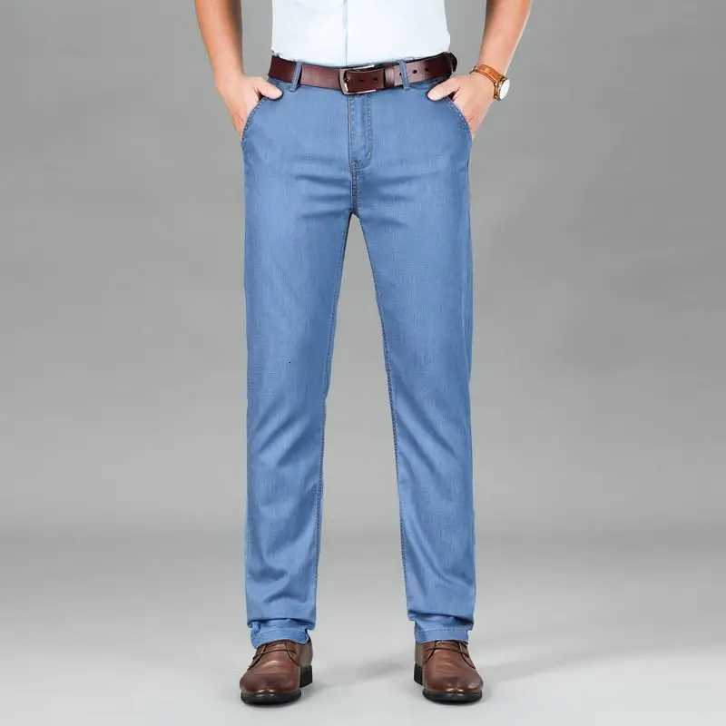 Autumn and Winter Seasons Lightweight Fit Straight Mens Jeans Classic Business Clothes Thin Cotton Elastic High Waist CasualZ250917
