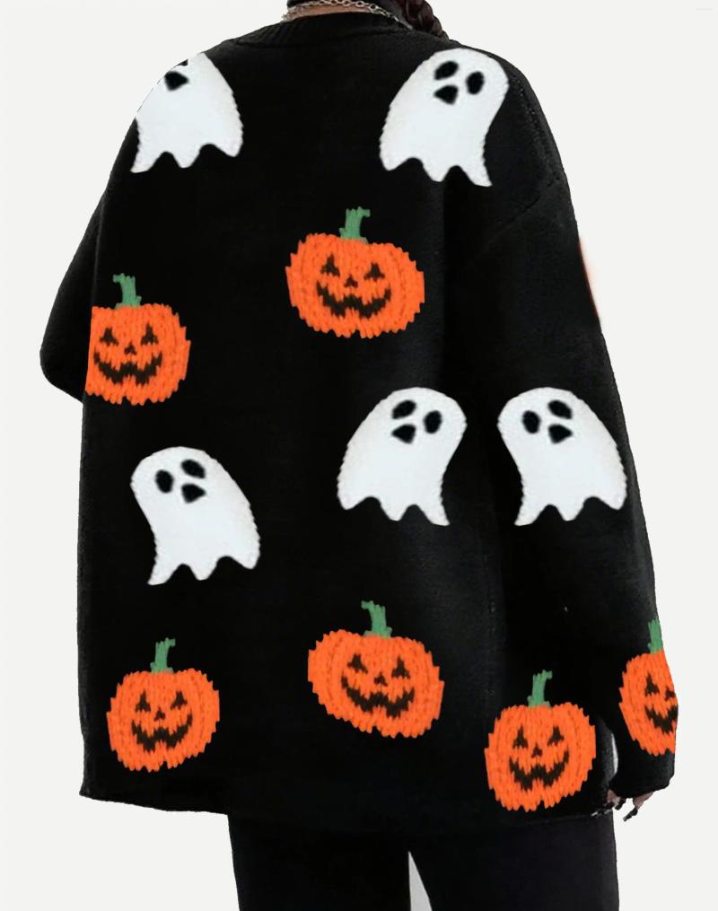 Women's Blouses Pumpkin Patterned Knitted Pullovers Halloween Festival Loose Fit Long Sleeve Sweater Autumn Winter O Neck Cardigan Jumpers