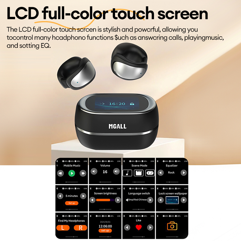 MGALL Wireless Bluetooth Earphones Ear Clip Style Bluetooth 6.0 MG-C100 Dolby Atmos Music Headset LCD Touchscreen Earbuds