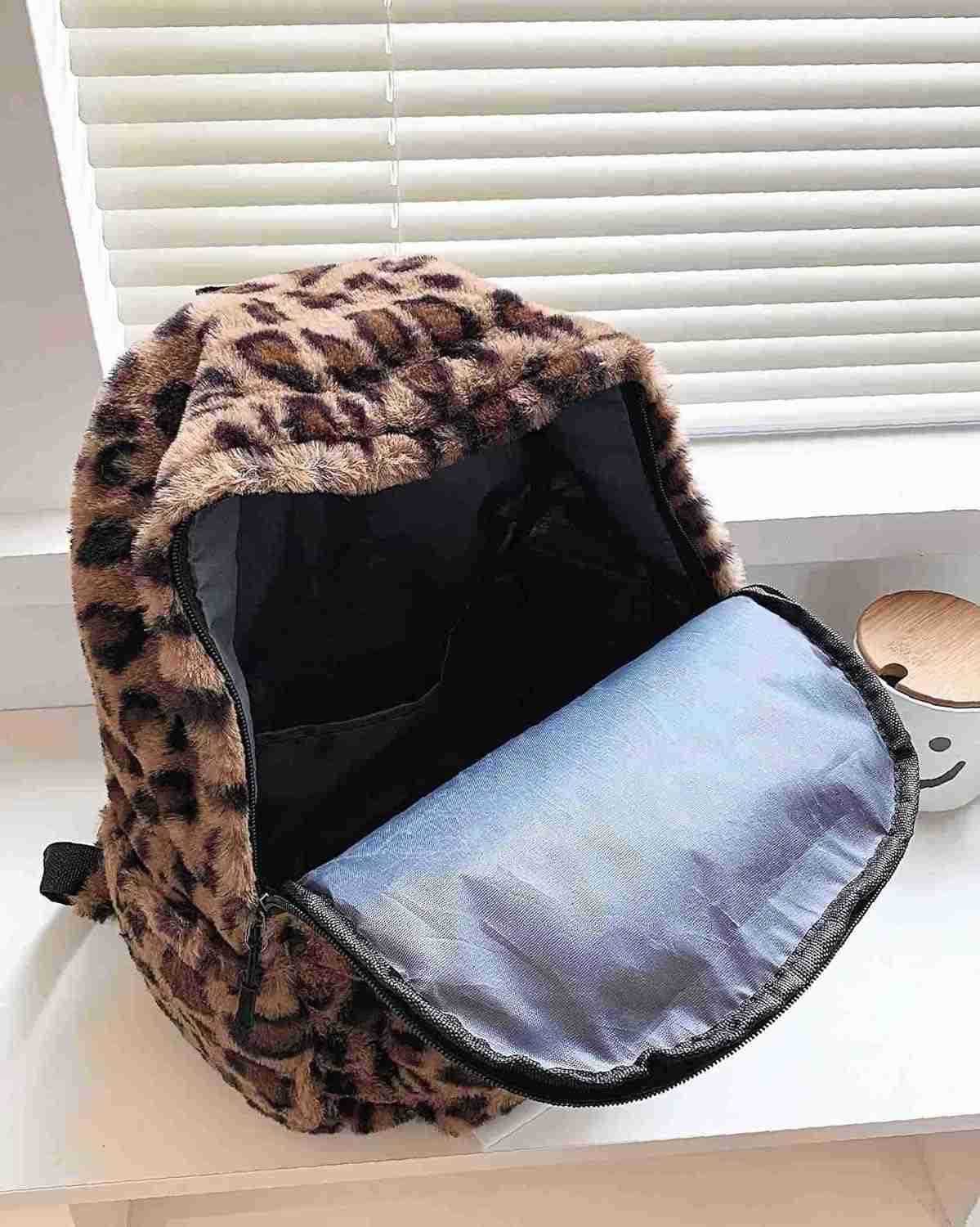 fluffy cheetah print backpack cute y2k animal fur 14 inch scene book bag for women fashion simple personal item aesthetic girls bag Z259017
