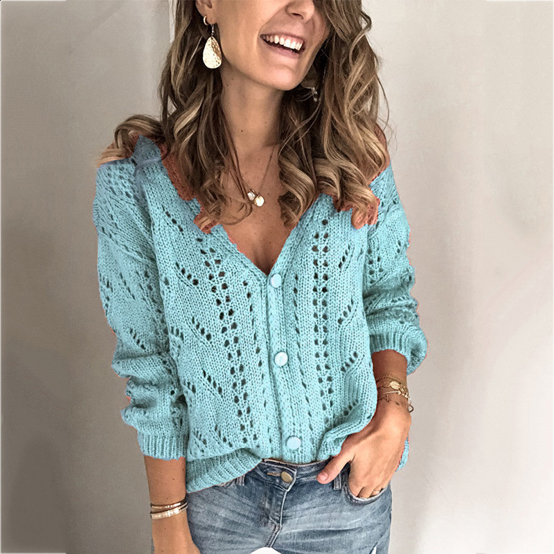 Cardigan Autumn Winter Sweater Women Crocheted Hollow V-neck Long-Sleeved Single-Breasted Cotton Cashmere Knitted Cardigan 201109