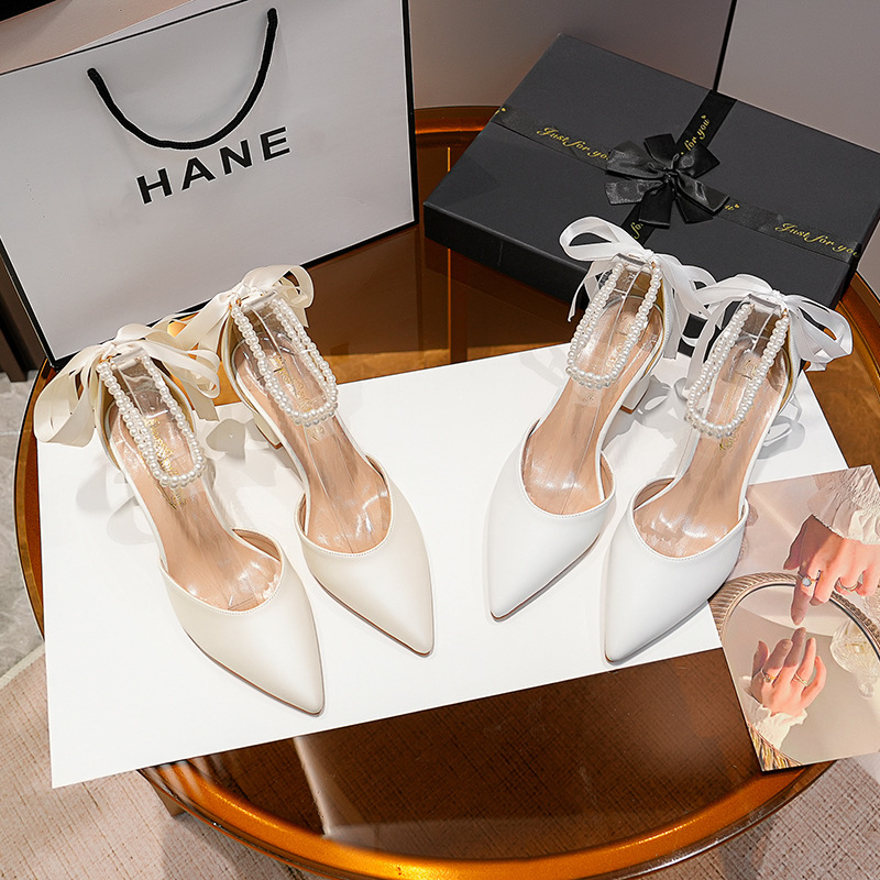Premium Sandals Women's Wedding Shoes 2025 New Pearl Ribbon Decor Pointed Toe Chunky Heel White Bridal Shoes, Plus Size European Luxury Style
