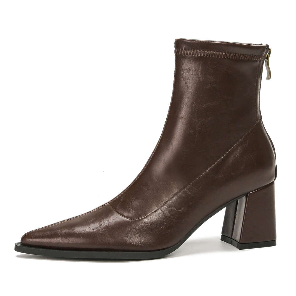 Autumn Winter Chunky Heel Mid-Calf Slim Boots Women, Slimming Back Zipper Black Pointed Toe Low-Cut Leather Boots, High Heels for Women