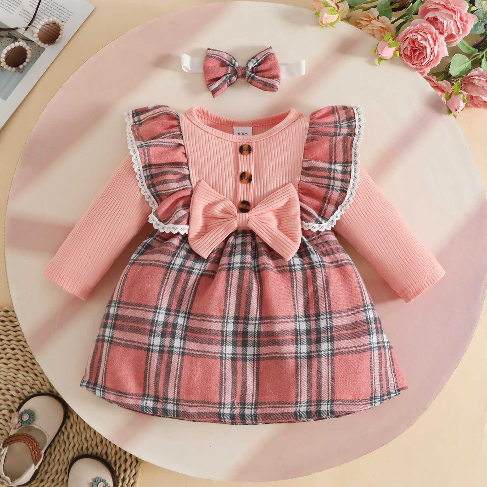 Baby Girl Ribbed Woven Fabric Patchwork Long Sleeve Dress Autumn Winter Classic Plaid Bow Dress C250917